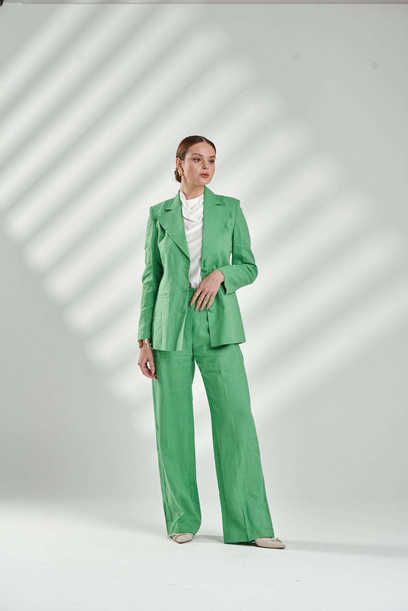 Women's Green Linen Blazer Set β Elegant Two-Piece Suit
