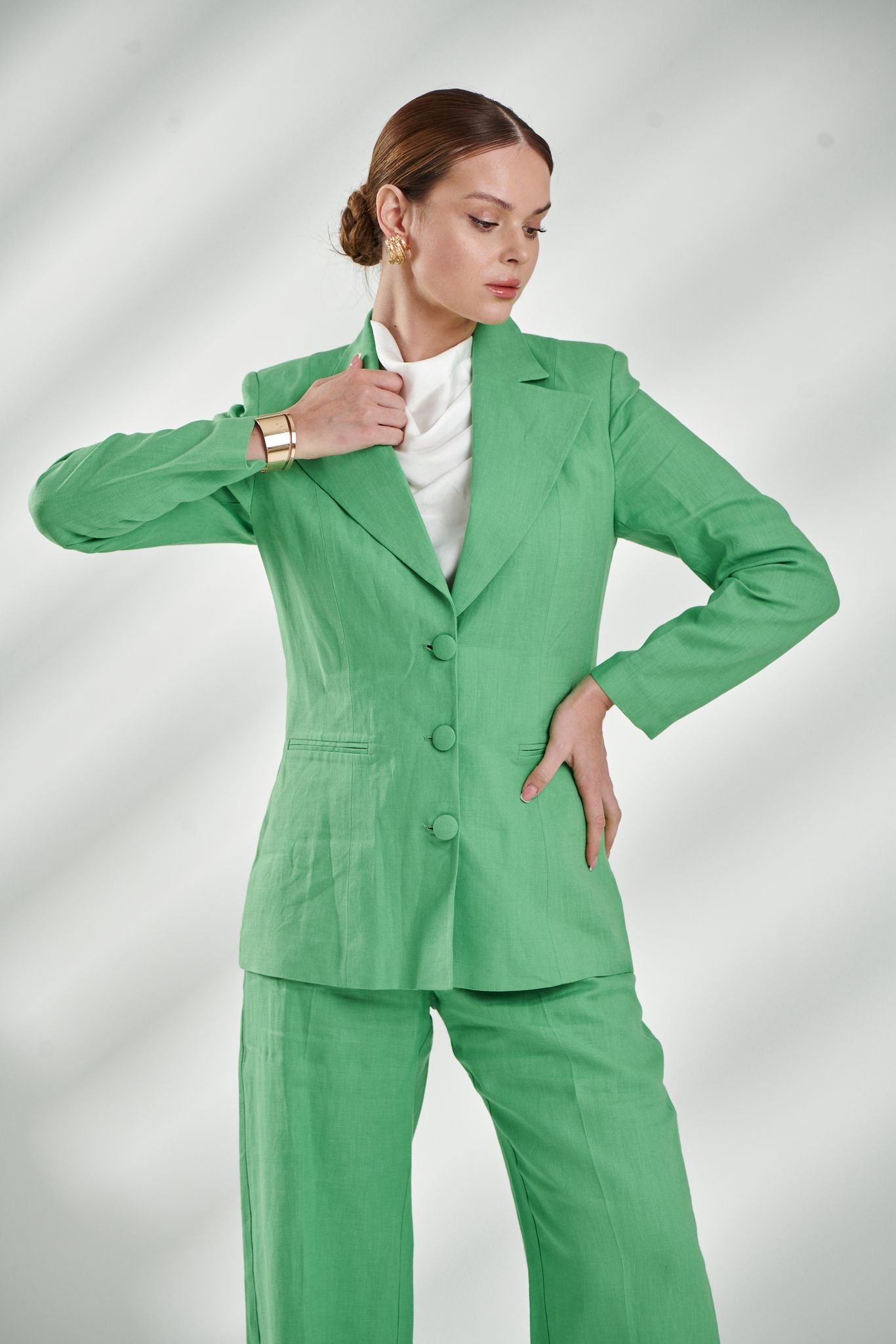 Women's Green Linen Blazer Set β Elegant Two-Piece Suit