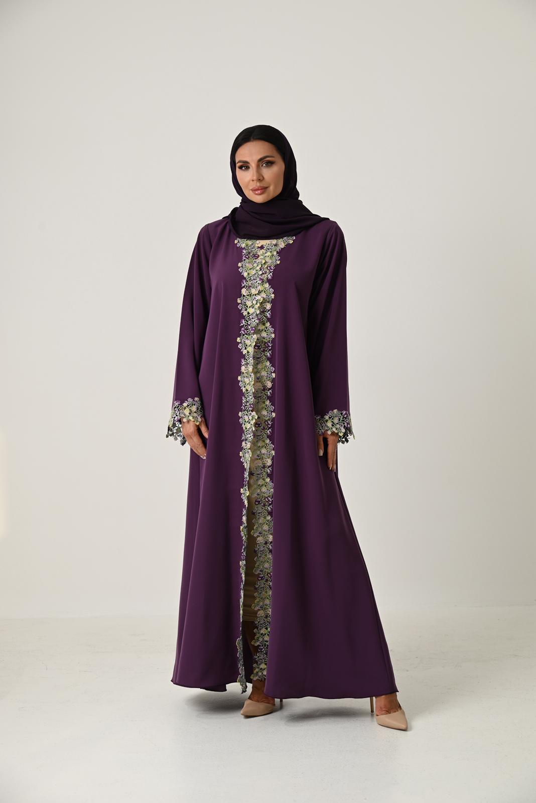 Luxury Purple Abaya with Pink & Olive Embroidered Lace