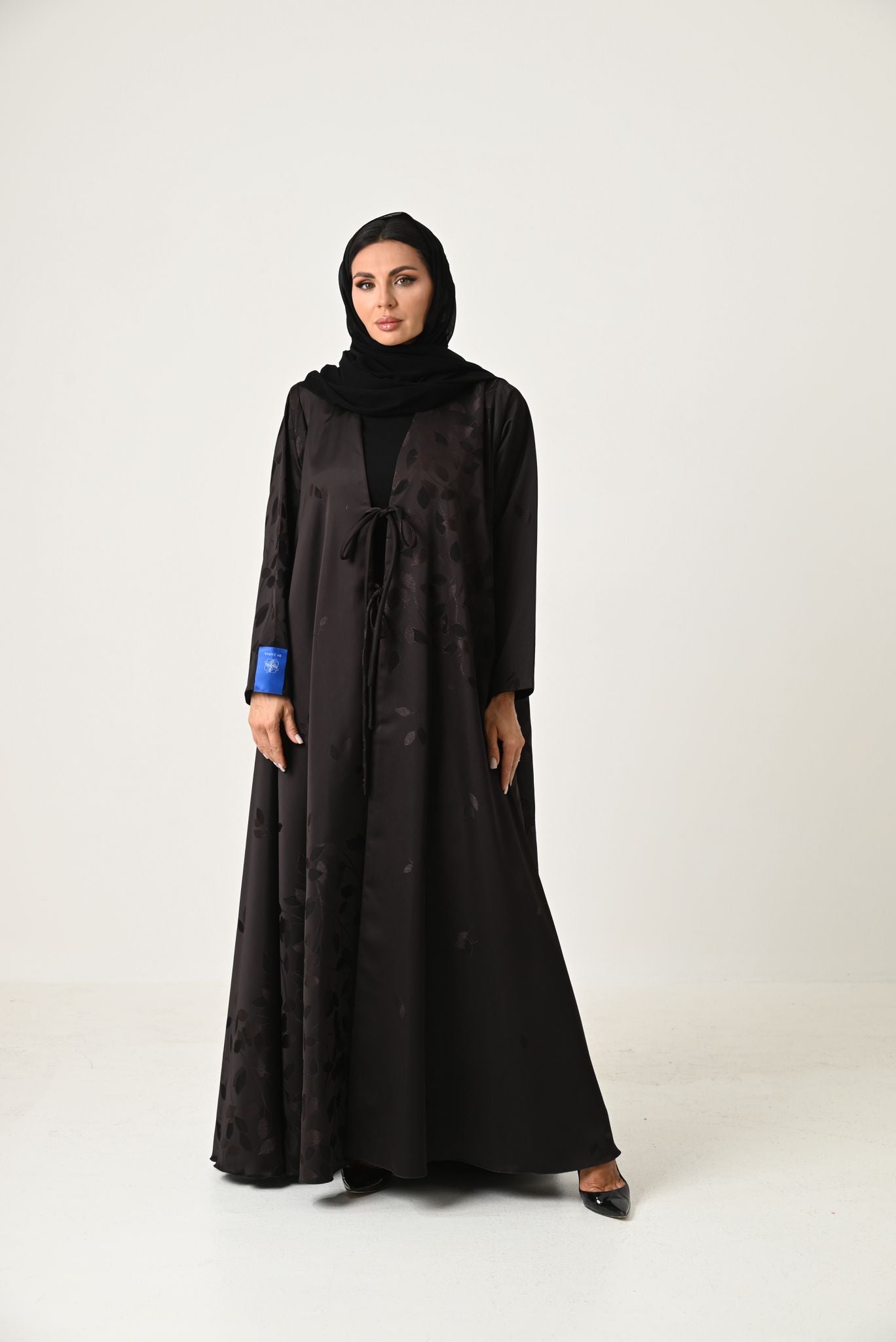Elegant Black Abaya with Double Flare and Front Tie