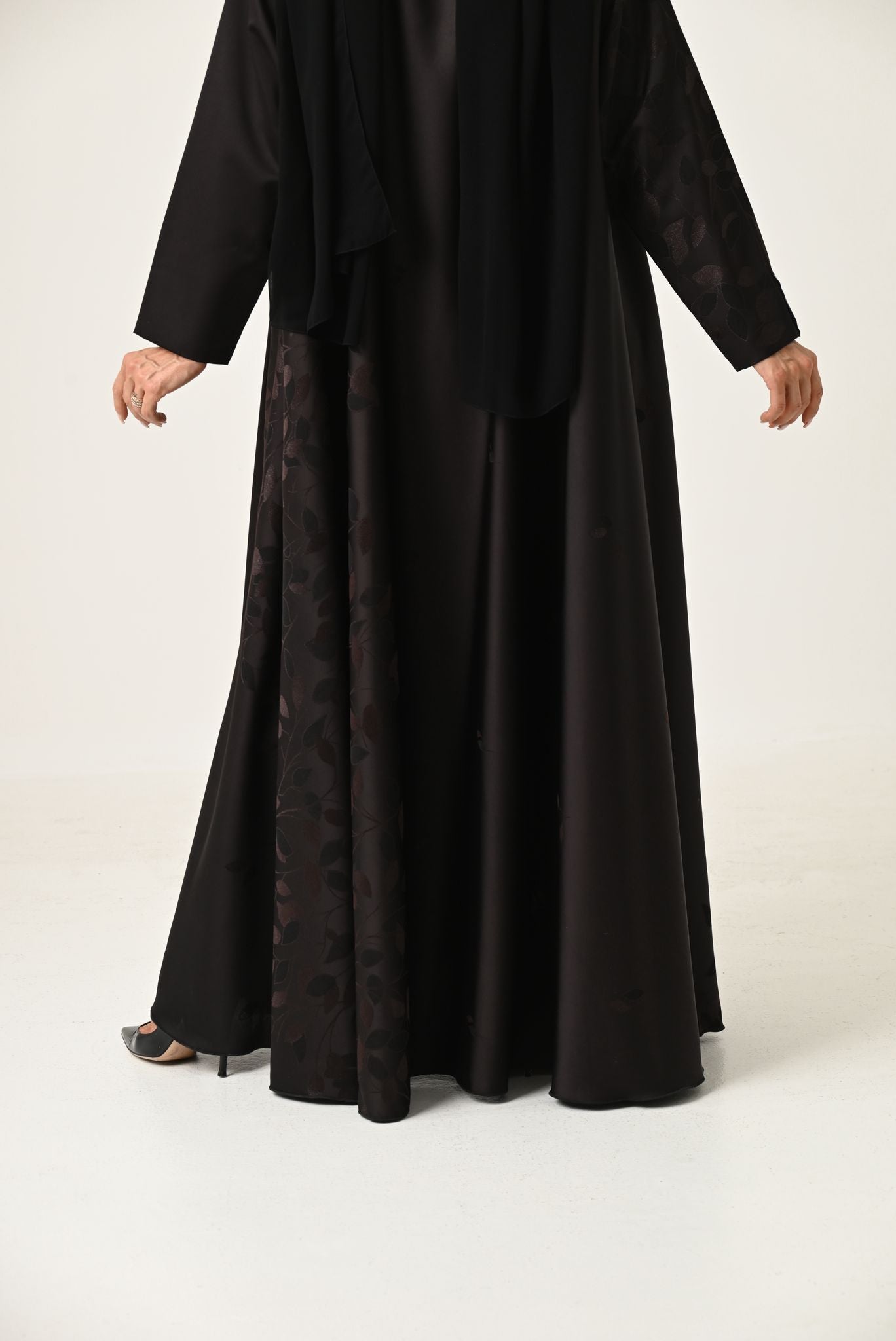 Elegant Black Abaya with Double Flare and Front Tie