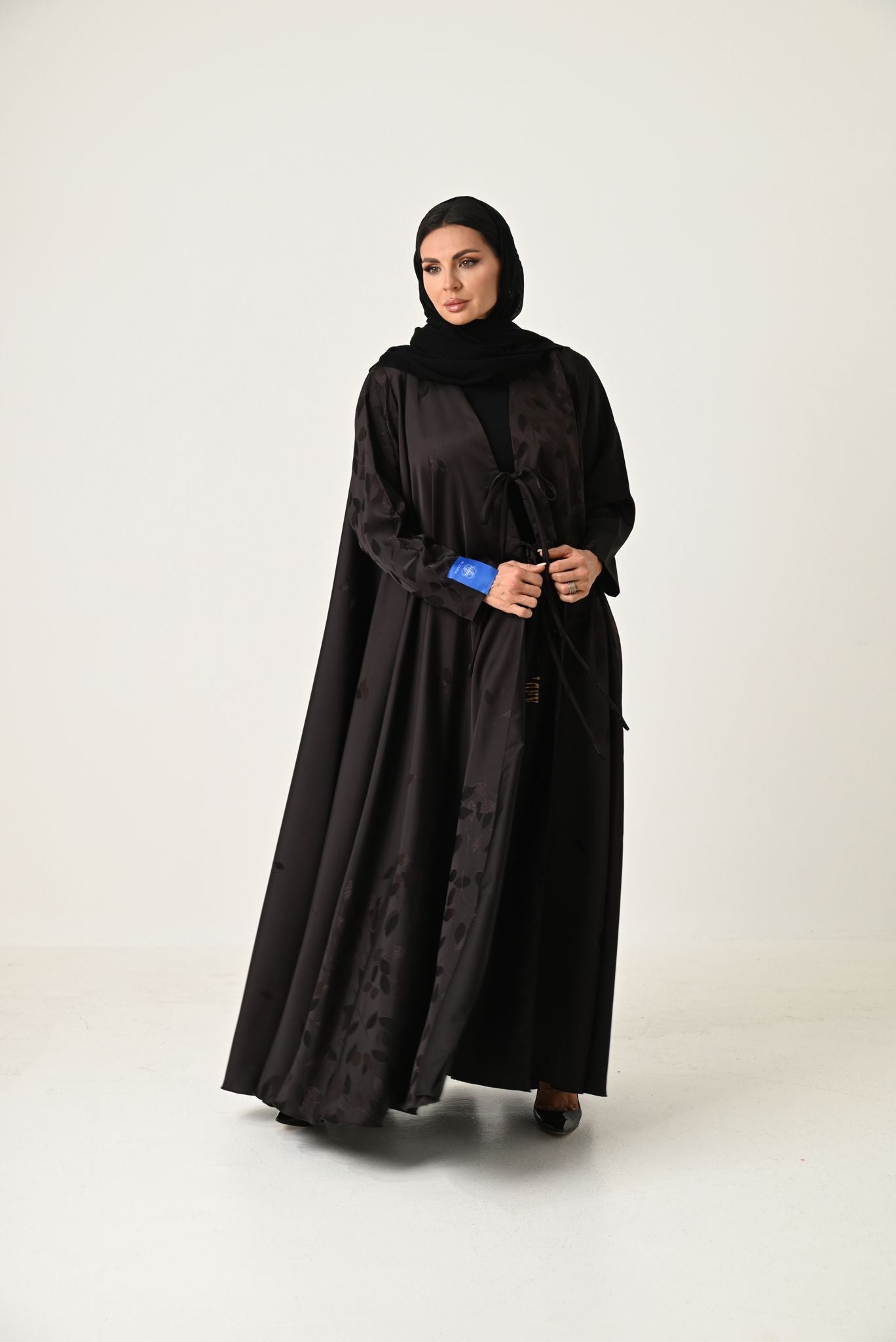 Elegant Black Abaya with Double Flare and Front Tie