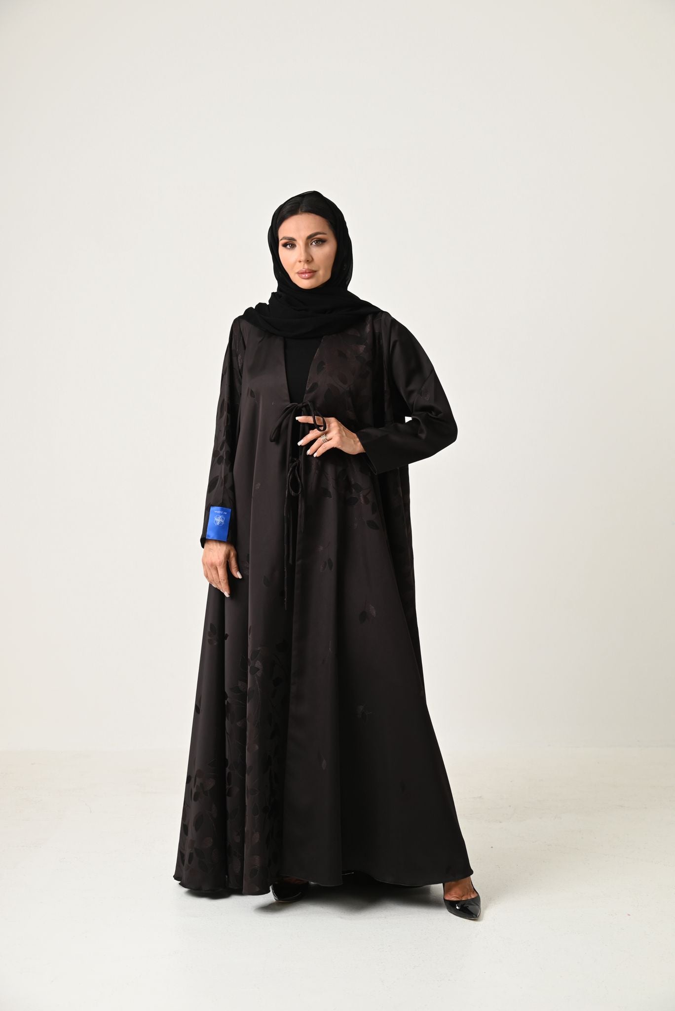 Elegant Black Abaya with Double Flare and Front Tie