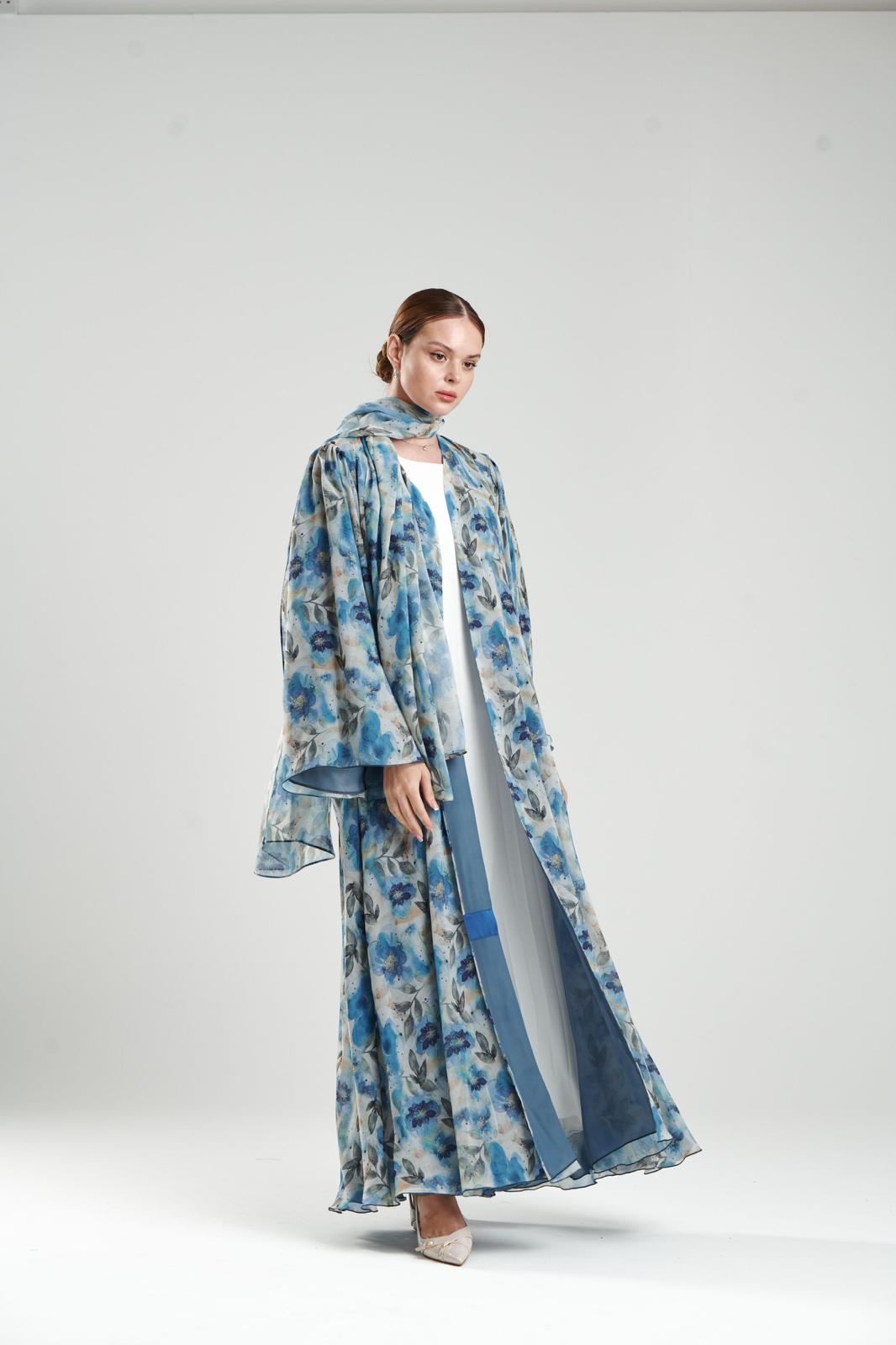 Blue Floral Printed Abaya – A Touch of Artistic Elegance