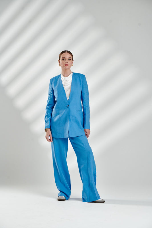 Women’s Sky Blue Linen Formal Suit – Elegant & Modern Design