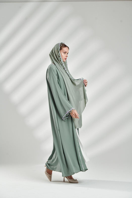 Elegant Light Olive Green Abaya with Floral Lace Detailing
