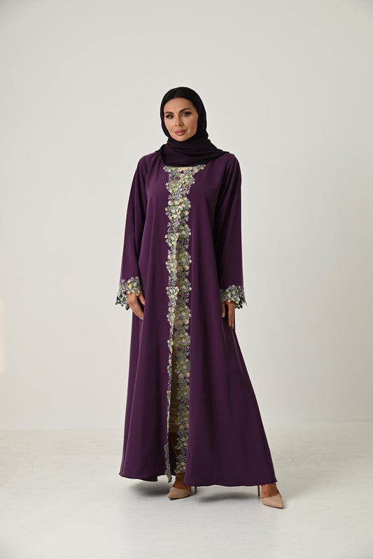 Luxury Purple Abaya with Pink & Olive Embroidered Lace