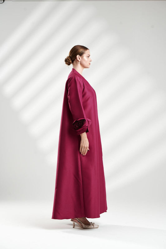 Bold Pink Abaya with Rolled Rose Sleeve Detail