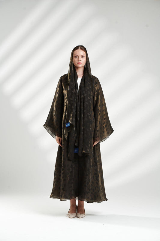 Chiffon Abaya with Leaf Print – Elegant in Dark Brown